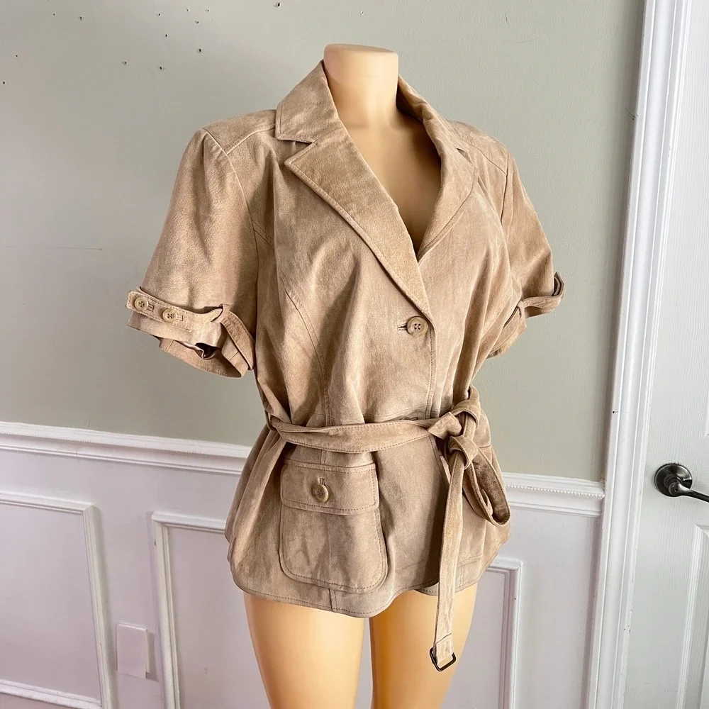 Bradley Suede Safari Jacket Women Short Sleeve Belted Tan Retro Western Boho